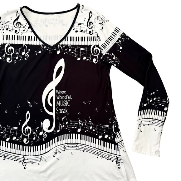 Music Notes Long Sleeve Top Size M Black White V Neck Piano Keys Print - Picture 7 of 9